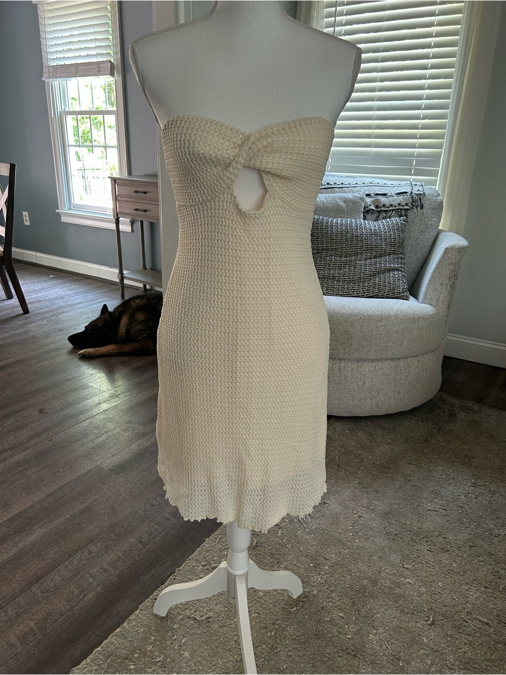 Strapless Cream Twist-Keyhole Knit Dress